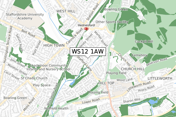 WS12 1AW map - small scale - OS Open Zoomstack (Ordnance Survey)