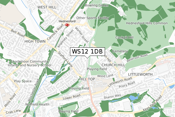 WS12 1DB map - small scale - OS Open Zoomstack (Ordnance Survey)