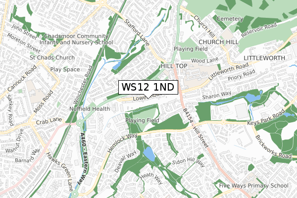 WS12 1ND map - small scale - OS Open Zoomstack (Ordnance Survey)