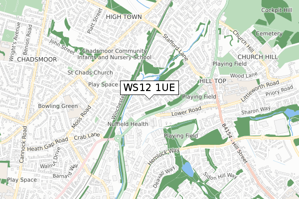 WS12 1UE map - small scale - OS Open Zoomstack (Ordnance Survey)