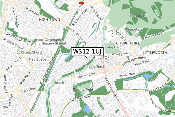 WS12 1UJ map - small scale - OS Open Zoomstack (Ordnance Survey)