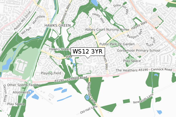 WS12 3YR map - small scale - OS Open Zoomstack (Ordnance Survey)