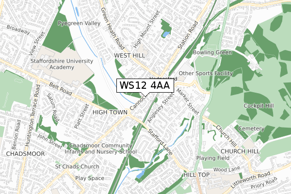 WS12 4AA map - small scale - OS Open Zoomstack (Ordnance Survey)