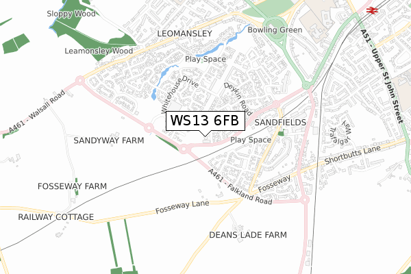WS13 6FB map - small scale - OS Open Zoomstack (Ordnance Survey)