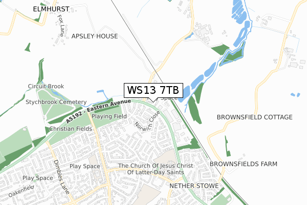 WS13 7TB map - small scale - OS Open Zoomstack (Ordnance Survey)