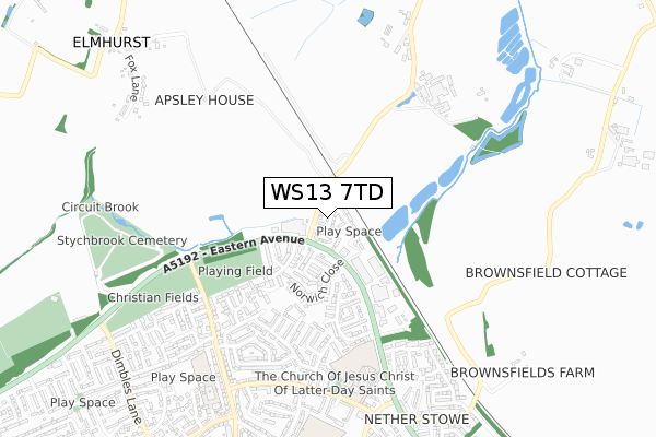 WS13 7TD map - small scale - OS Open Zoomstack (Ordnance Survey) WS13 7TD map - small scale - OS Open Zoomstack (Ordnance Survey)