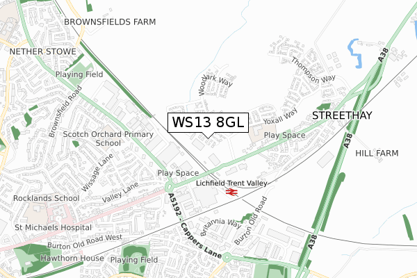 WS13 8GL map - small scale - OS Open Zoomstack (Ordnance Survey)