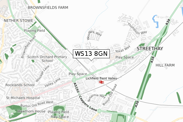 WS13 8GN map - small scale - OS Open Zoomstack (Ordnance Survey)