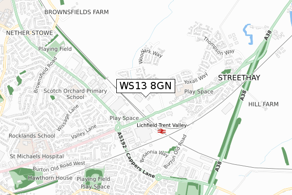 WS13 8GN map - small scale - OS Open Zoomstack (Ordnance Survey) WS13 8GN map - small scale - OS Open Zoomstack (Ordnance Survey)