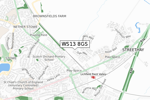 WS13 8GS map - small scale - OS Open Zoomstack (Ordnance Survey)