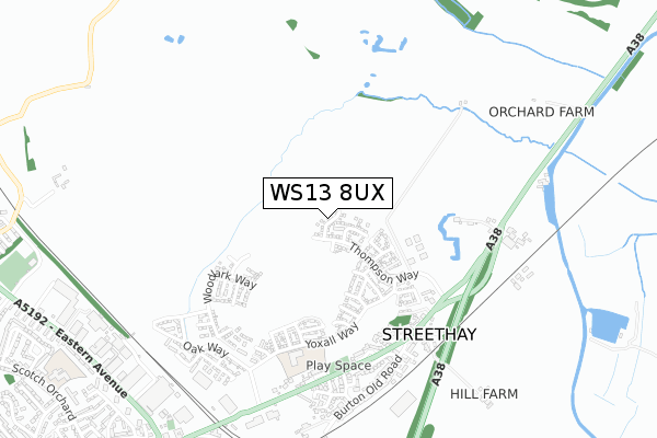 WS13 8UX map - small scale - OS Open Zoomstack (Ordnance Survey)