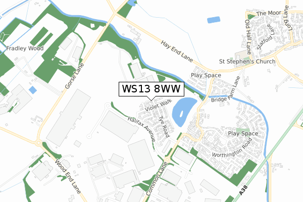 WS13 8WW map - small scale - OS Open Zoomstack (Ordnance Survey)