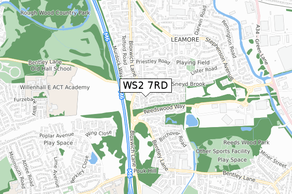 WS2 7RD map - small scale - OS Open Zoomstack (Ordnance Survey)