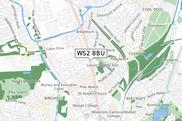 WS2 8BU map - small scale - OS Open Zoomstack (Ordnance Survey)