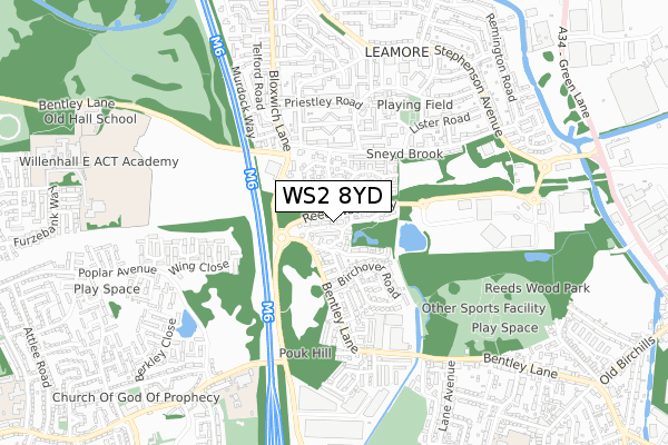 WS2 8YD map - small scale - OS Open Zoomstack (Ordnance Survey)