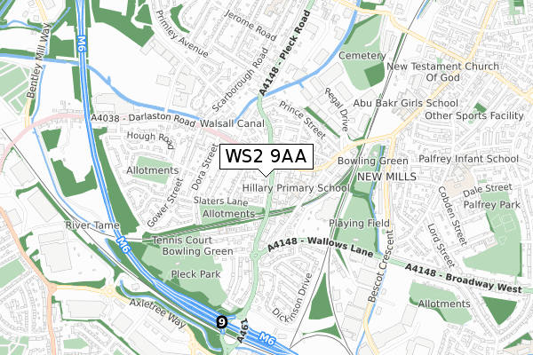 WS2 9AA map - small scale - OS Open Zoomstack (Ordnance Survey)