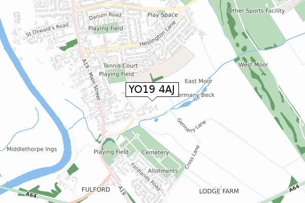 YO19 4AJ map - small scale - OS Open Zoomstack (Ordnance Survey)