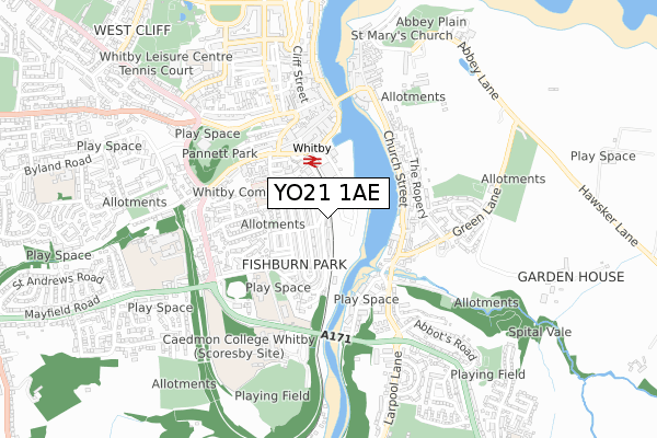 YO21 1AE map - small scale - OS Open Zoomstack (Ordnance Survey)