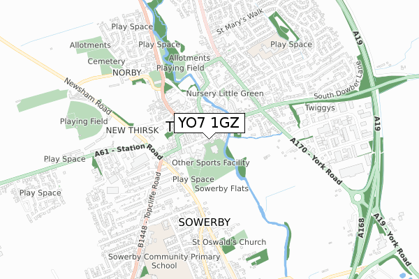 YO7 1GZ map - small scale - OS Open Zoomstack (Ordnance Survey)
