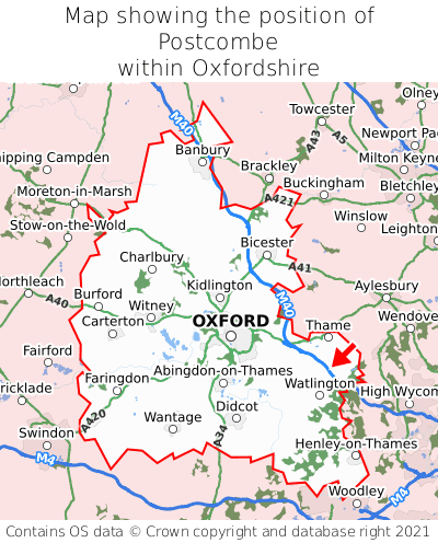 Map showing location of Postcombe within Oxfordshire