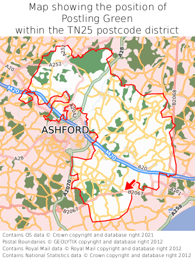 Map showing location of Postling Green within TN25