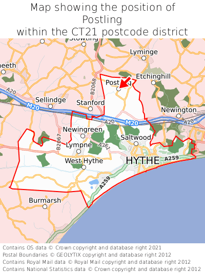 Map showing location of Postling within CT21