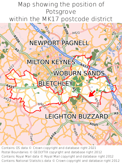 Map showing location of Potsgrove within MK17