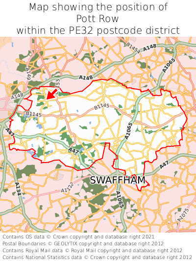 Map showing location of Pott Row within PE32