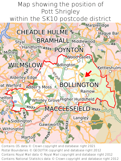 Map showing location of Pott Shrigley within SK10