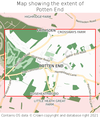 Map showing extent of Potten End as bounding box