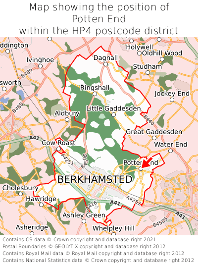 Map showing location of Potten End within HP4