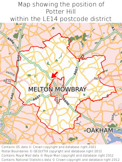 Map showing location of Potter Hill within LE14