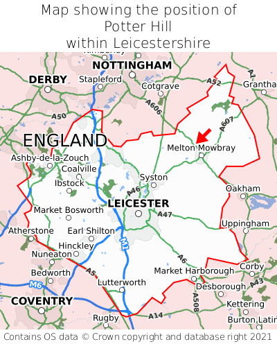 Map showing location of Potter Hill within Leicestershire