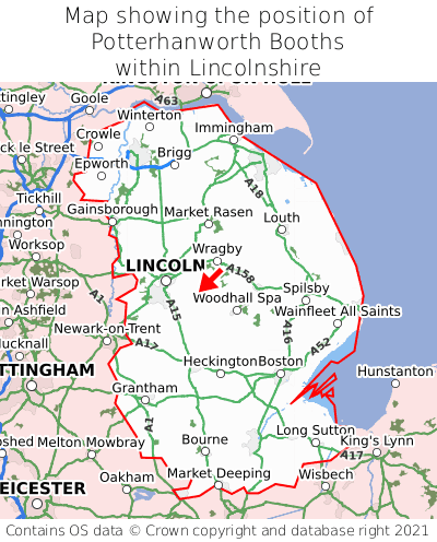 Map showing location of Potterhanworth Booths within Lincolnshire