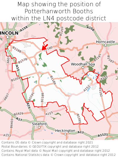 Map showing location of Potterhanworth Booths within LN4