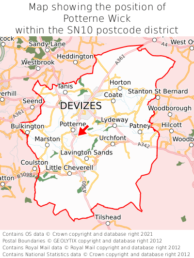 Map showing location of Potterne Wick within SN10