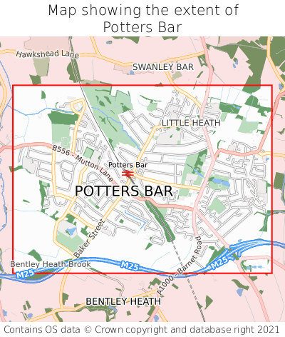 Map showing extent of Potters Bar as bounding box