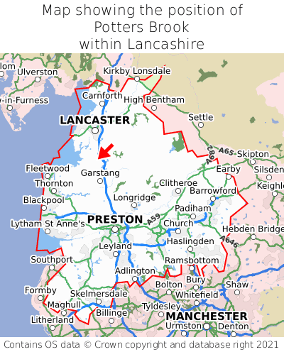 Map showing location of Potters Brook within Lancashire