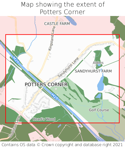 Map showing extent of Potters Corner as bounding box