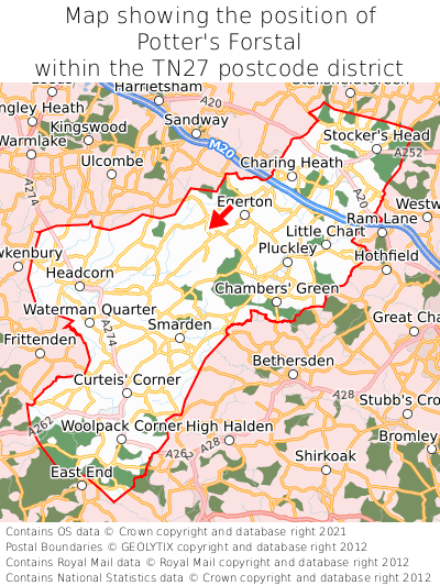Map showing location of Potter's Forstal within TN27
