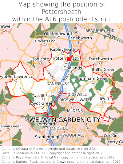 Map showing location of Pottersheath within AL6