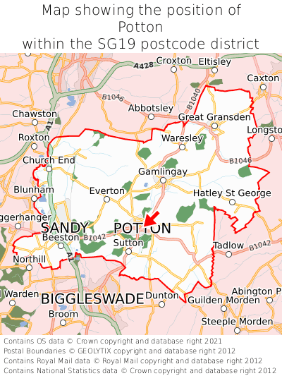 Map showing location of Potton within SG19