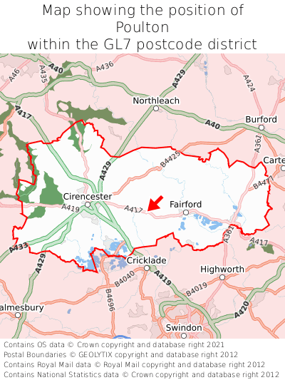 Map showing location of Poulton within GL7