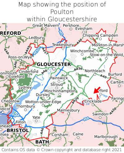 Map showing location of Poulton within Gloucestershire