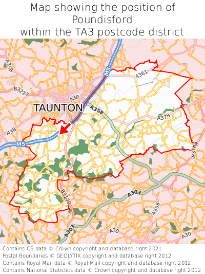 Map showing location of Poundisford within TA3