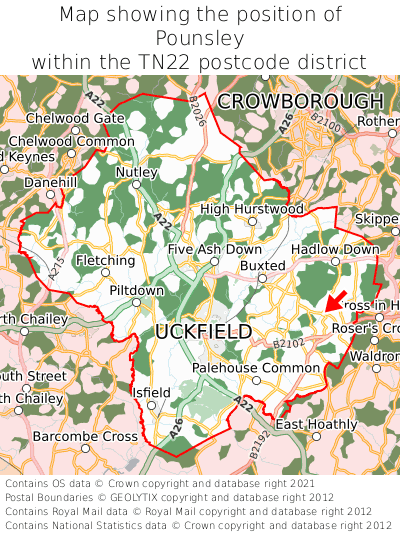 Map showing location of Pounsley within TN22