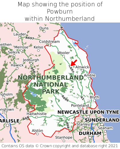 Map showing location of Powburn within Northumberland