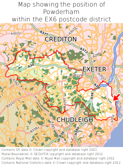 Map showing location of Powderham within EX6