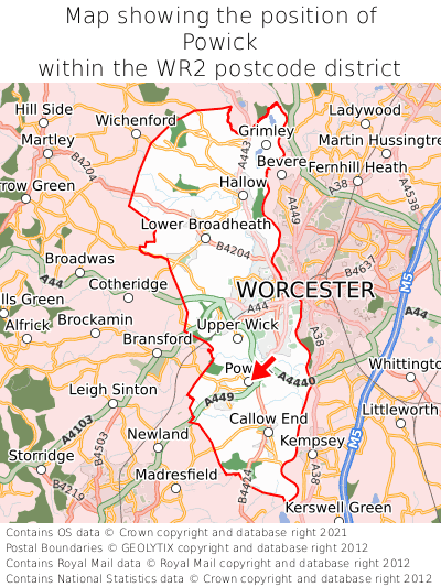 Map showing location of Powick within WR2
