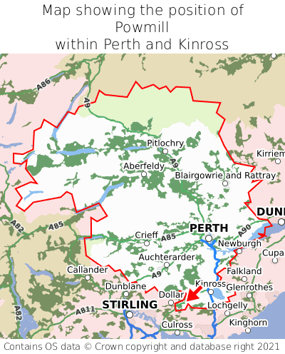 Map showing location of Powmill within Perth and Kinross